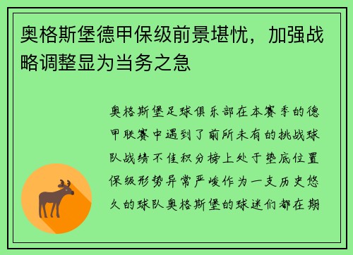 奥格斯堡德甲保级前景堪忧，加强战略调整显为当务之急